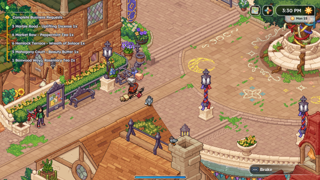Witchbrook witch delivering goods across Mossport on a broom
