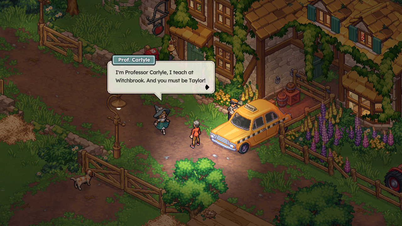 Witchbrook character meeting Professor Carlyle outside a woodland cottage
