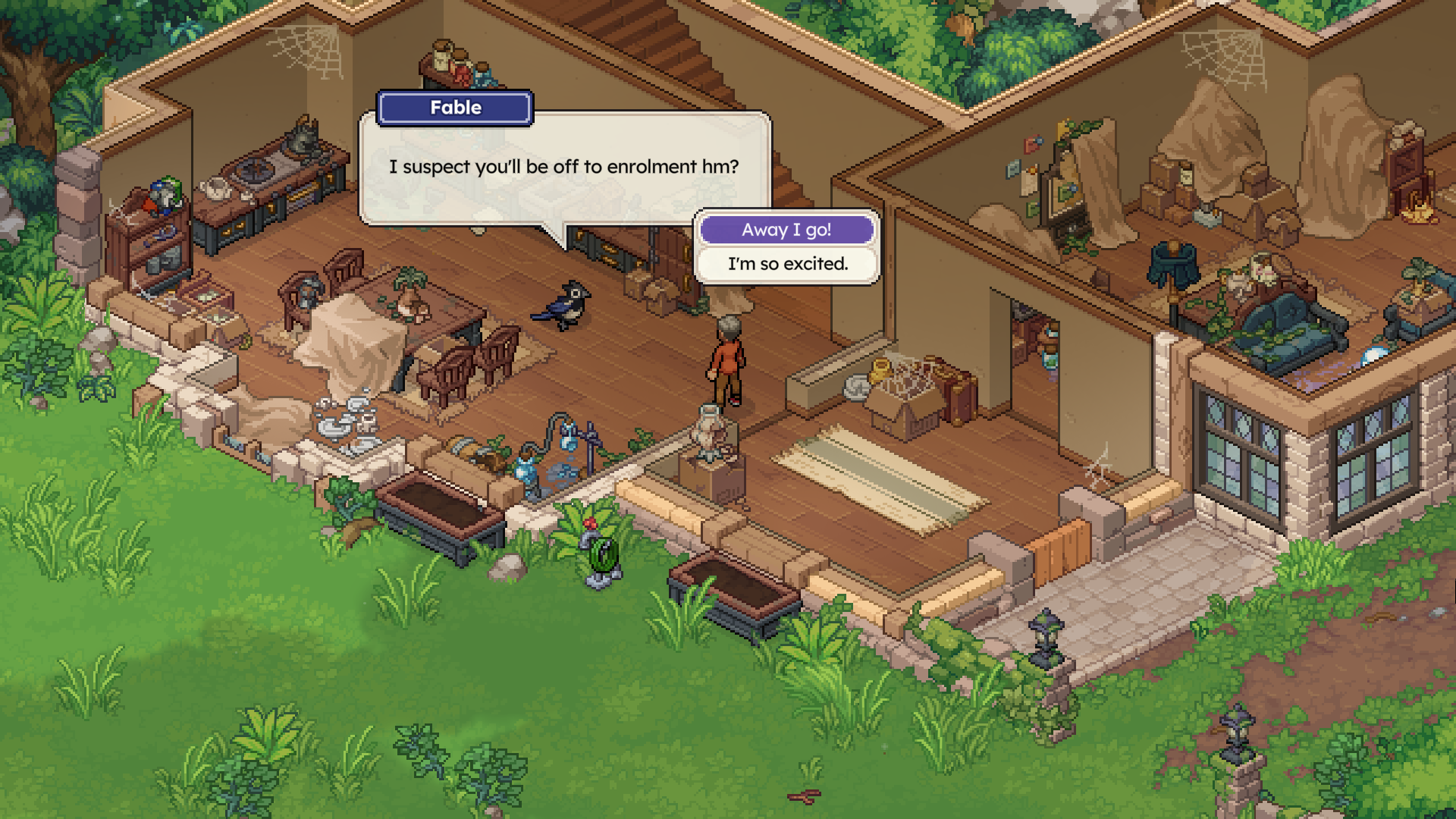 Witchbrook story scene introducing Fable the cottage familiar